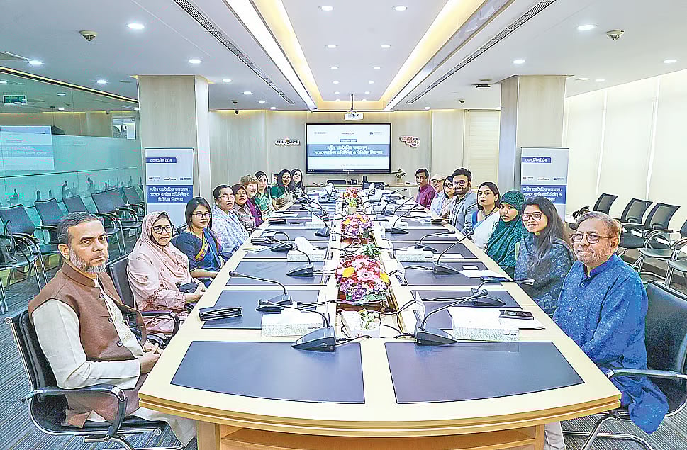 Participants at the roundtable titled “Women’s Political Empowerment: Effective Representation in Parliament and Digital Security” at the Prothom Alo office on 14 March 2026.