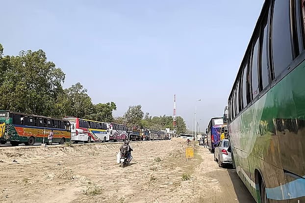 Rows of vehicles are stuck on both sides of the road due to traffic congestion around 9 AM. Elenga, Tangail, 19 March 2026.