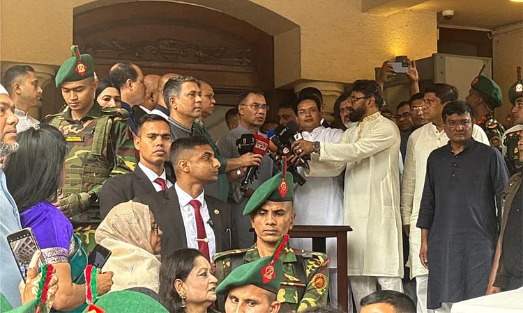 Prime Minister Tarique Rahman is speaking to reporters after exchanging Eid greetings with people from all walks of life at the State Guest House Jamuna. 