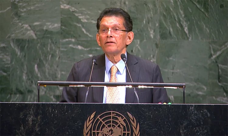 Foreign Minister Khalilur Rahman addresses a commemorative meeting of the United Nations General Assembly marking the International Day for the Elimination of Racial Discrimination in New York on 23 March 2026