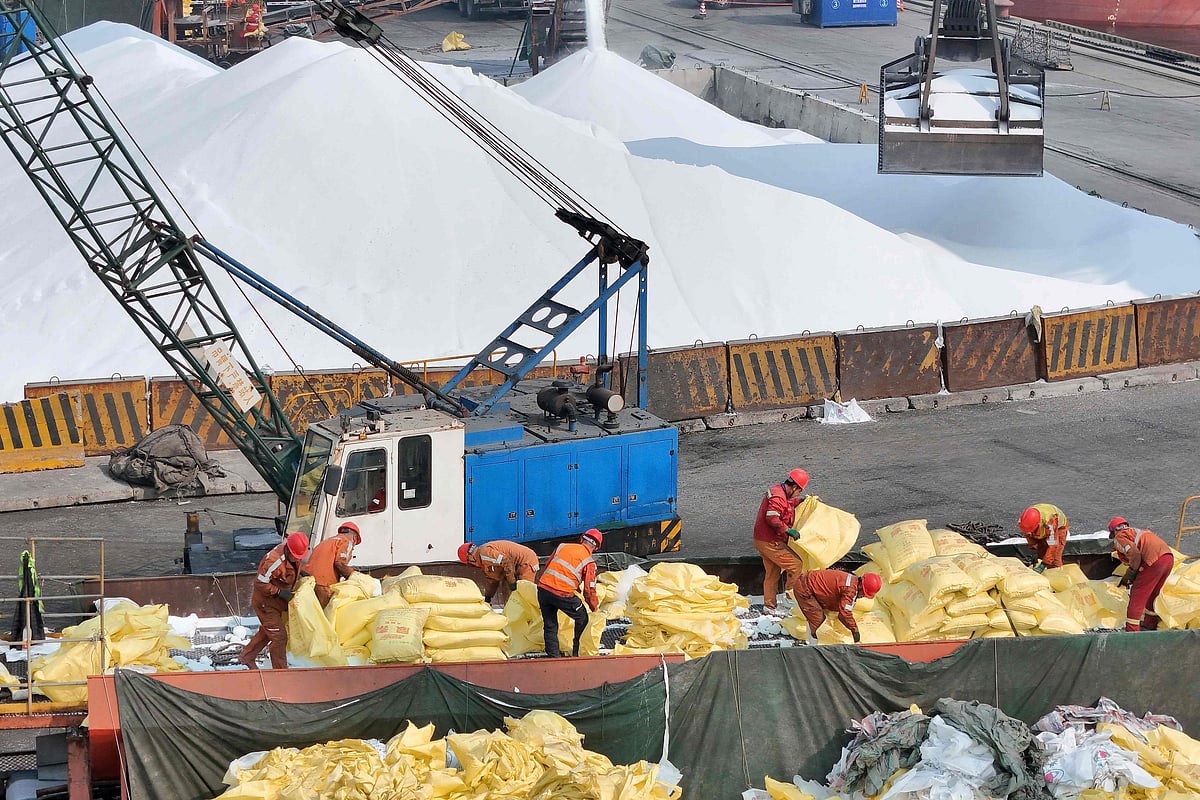 Workers handle sacks of fertiliser for export at the Yantai port in Yantai, eastern China's Shandong province on March 23, 2026.