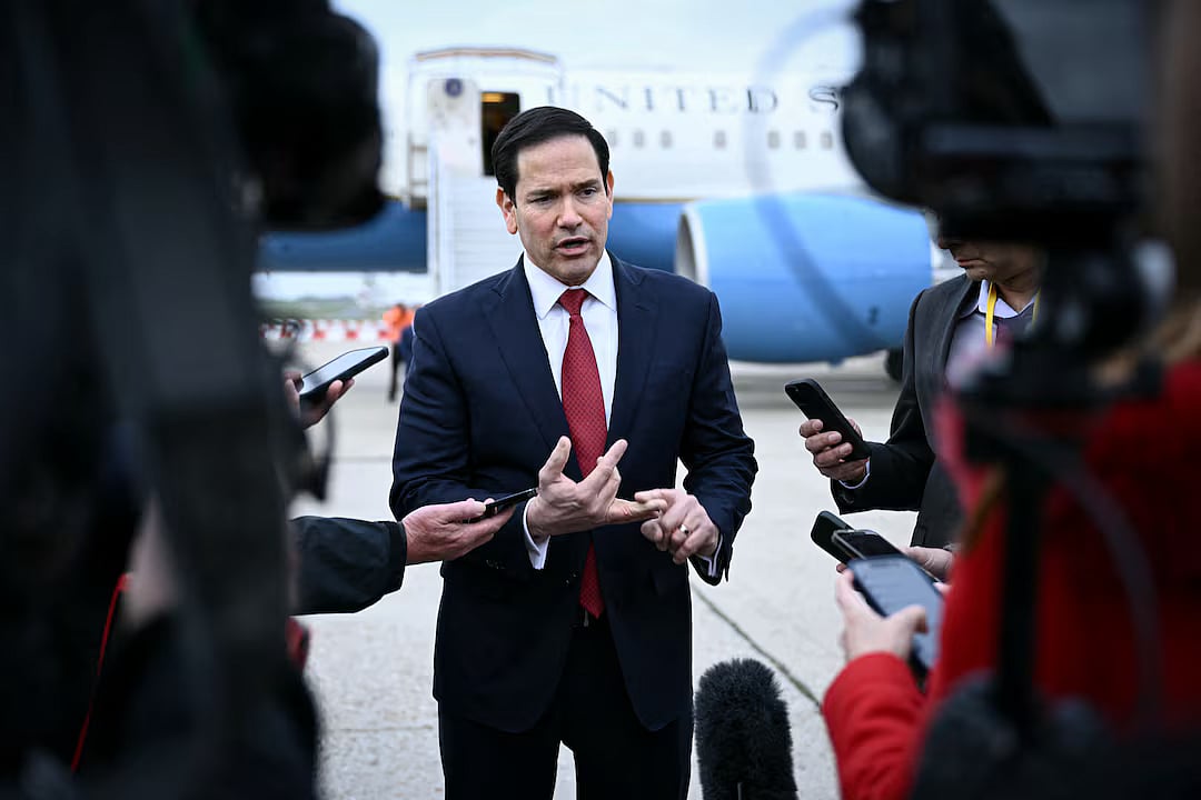 US Secretary of State Marco Rubio speaks to the press following a G7 Foreign Ministers' meeting with Partner Countries before his departure at the Bourget airport in Le Bourget, outside Paris, France, 27 March, 2026.
