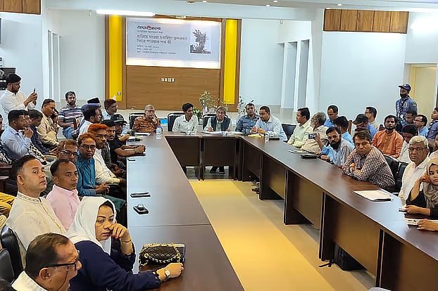 Guests attending a discussion organised by Prothom Alo titled “How to Recover the Lost Sundarbans.” The event was held today at 4:00pm in the meeting room of the Chakaria upazila parishad in Cox’s Bazar.