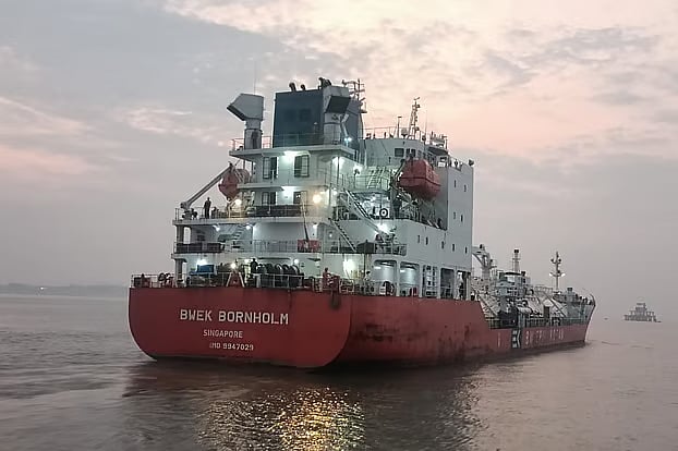 The first LPG tanker to arrive from the war zone, ‘BWEK Bornholm,’ seen leaving after unloading liquefied petroleum gas at Sitakunda.