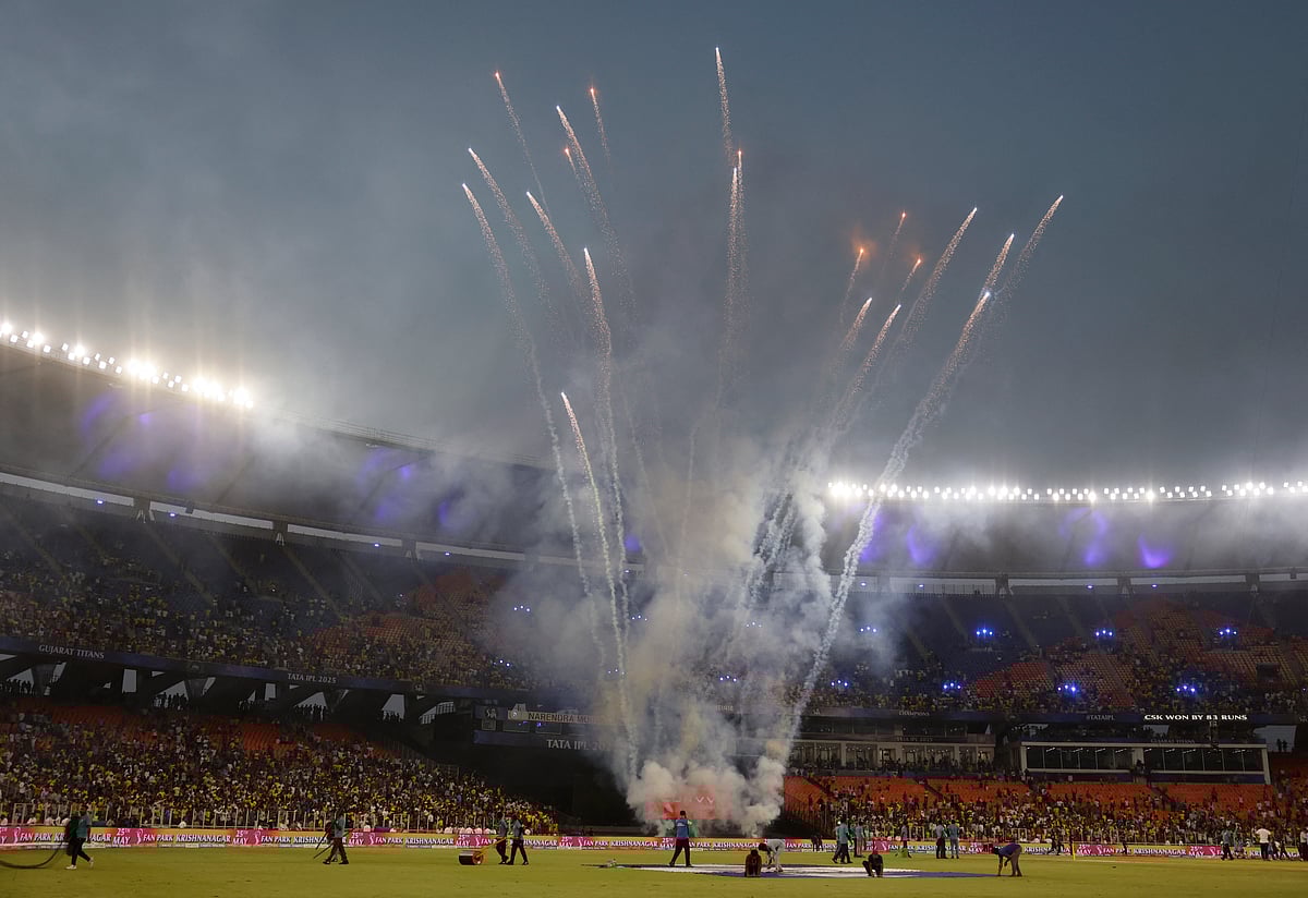 A general view of fireworks after the match between Gujarat Titans and Chennai Super Kings during the Indian Premier League inside Narendra Modi Stadium in Ahmedabad of Gujarat in India on 25 May 2025.