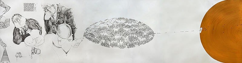 Between the Sea and the Sky, Who Holds the Ground? Archival ink pen on paper, acrylic colour, gold & silver leaf