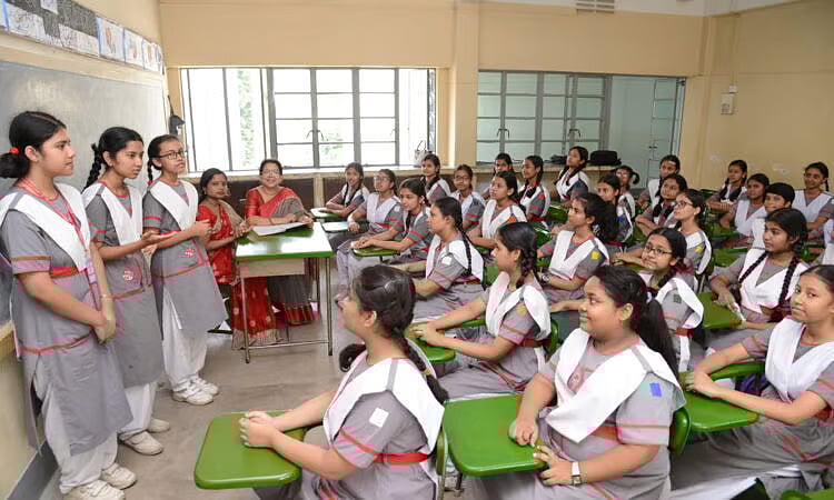 Photo shows a classroom at a school