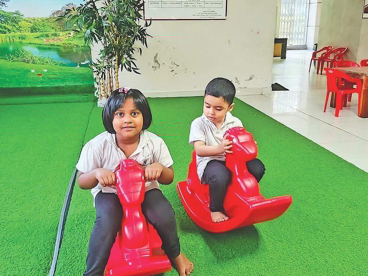 Two children play at the daycare centre set up at Pani Bhaban in Panthapath in the capital. The photo was taken last Sunday at Pani Bhaban in Panthapath, Dhaka.