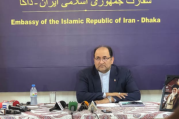 Iran’s ambassador to Dhaka, Jalil Rahimi Jahanabadi, speaks at a press conference held at the Iranian Embassy in Dhaka on Wednesday.