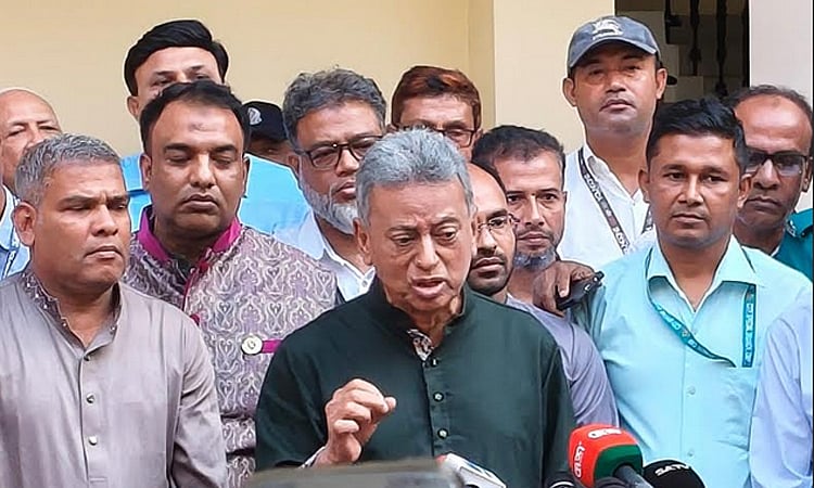 Finance Minister Amir Khosru  Mahmud Chowdhury briefs journalists after attending a certificate awarding ceremony at KEPZ in Anowara, Chattogram on 3 April 2026. 