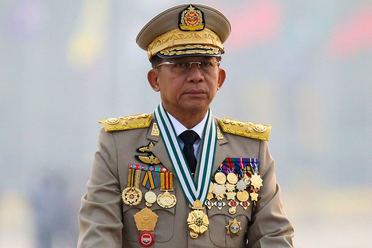 Myanmar's junta chief Senior General Min Aung Hlaing, who ousted the elected government in a coup on 1 February 2021, presides an army parade on Armed Forces Day in Naypyitaw, Myanmar, 27 March 2021.