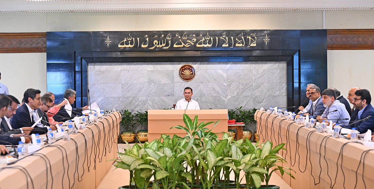 Prime Minister Tarique Rahman chairs the first meeting of the Private Sector Advisory Council at his Tejgaon office today, Saturday.