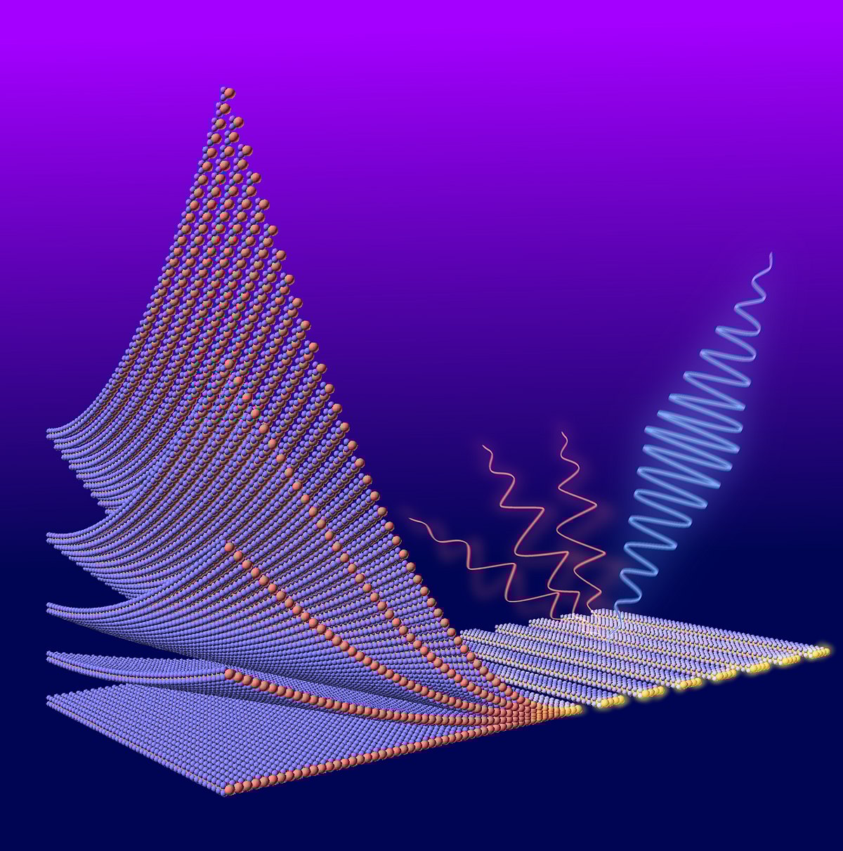 An artistic view of the subwavelength grating made of layered molybdenum diselenide. The red spheres represent molybdenum atoms, and the blue ones represent selenium atoms.