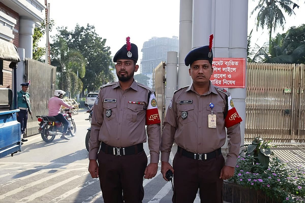 Two police officers in the new uniform at Rajarbagh Police Lines, Dhaka.