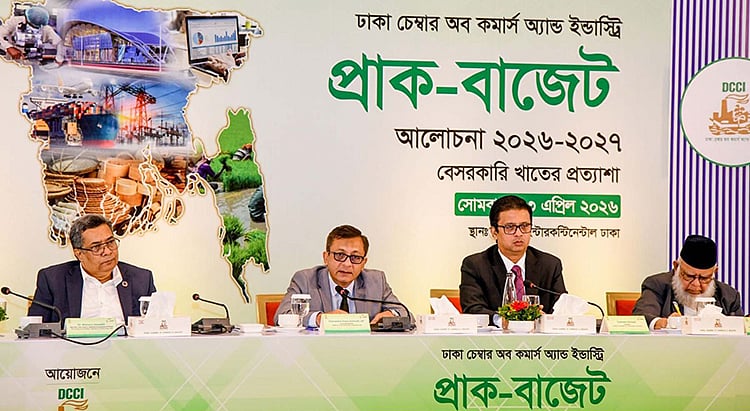Commerce and Industries Minister Khandakar Abdul Muktadir speaks as the chief guest at a high-level session titled “Live Pre-budget Discussion 2026-27: Expectations of Private Sector” at a city hotel on 13 April 2026