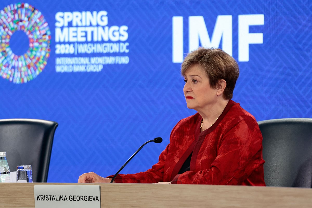 IMF Managing Director Kristalina Georgieva looks on during a press briefing during the 2026 IMF and World Bank Group Spring Meetings in Washington, DC, on April 15, 2026. (Photo by Kent NISHIMURA / AFP)