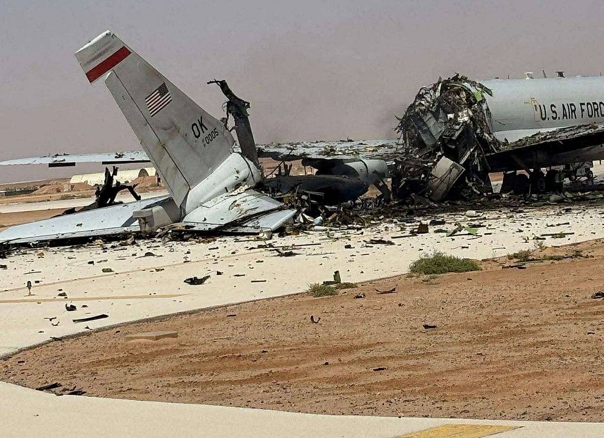 A damaged U.S. Boeing E-3 Sentry aircraft following an Iranian strike at Prince Sultan Air Base in Saudi Arabia on 29 March 2026 via social media.