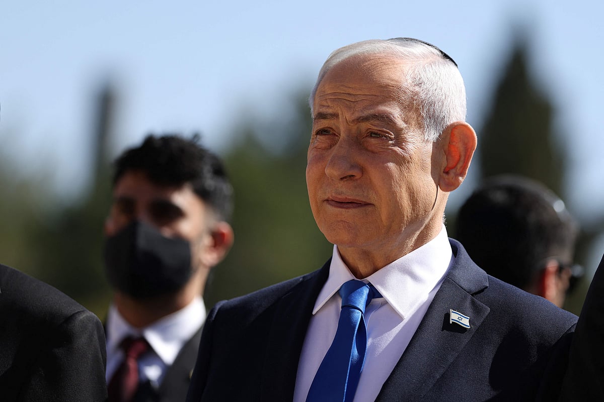 Israel's Prime Minister Benjamin Netanyahu attends a wreath-laying ceremony marking the annual Holocaust Remembrance Day at the Yad Vashem Holocaust Memorial Museum in Jerusalem on April 14, 2026.