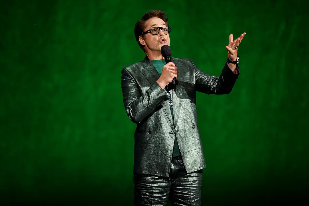 Robert Downey Jr, cast member of the upcoming film 'Avengers: Doomsday' speaks during the Walt Disney Studios presentation at CinemaCon, the official convention of Cinema United, in Las Vegas, Nevada, US, 16 April, 2026.