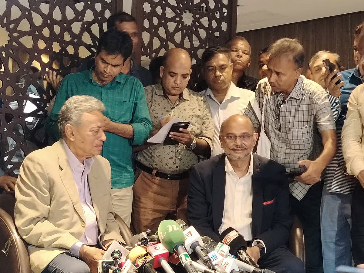 Finance Minister Amir Khasru Mahmud Chowdhury and Prime Minister’s adviser Rashed Al Mahmud Titumir talk to the media at the office in the Ministry of Finance at the Secretariat on 19 April 2026