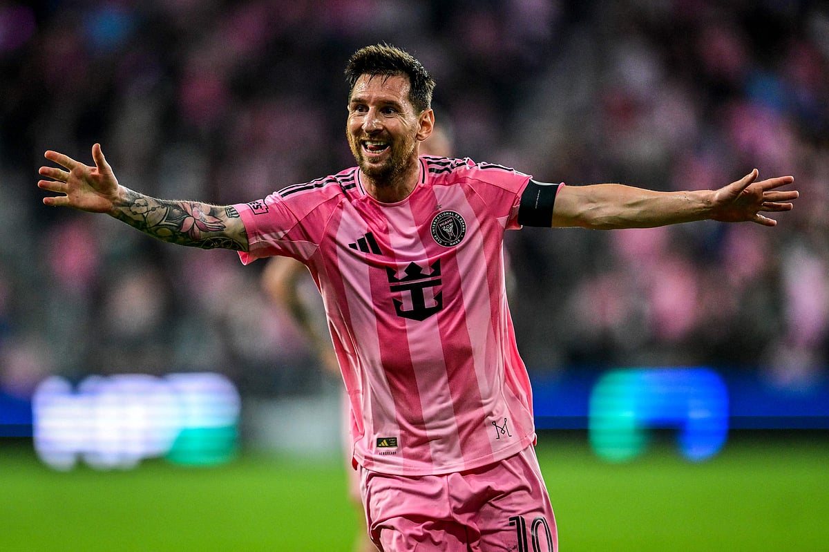 Inter Miami's Argentine forward #10 Lionel Messi celebrates scoring a goal.