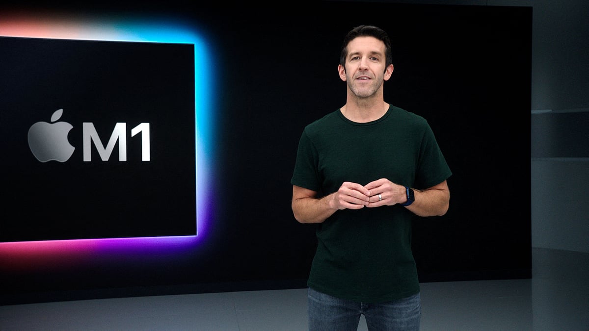 This handout released and taken on 10 November 2020 by Apple inc. shows Apple's vice president of Hardware Engineering John Ternus unveiling M1, the first chip designed specifically for the Mac during a special event at Apple Park in Cupertino, California.