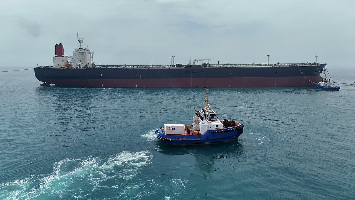 ]Drone view of oil tanker HELGA berthed at one of Iraq's southern offshore oil terminals near Basra as it prepares to load crude oil, becoming the second vessel to arrive since the closure of the Strait of Hormuz, 24 April 2026.