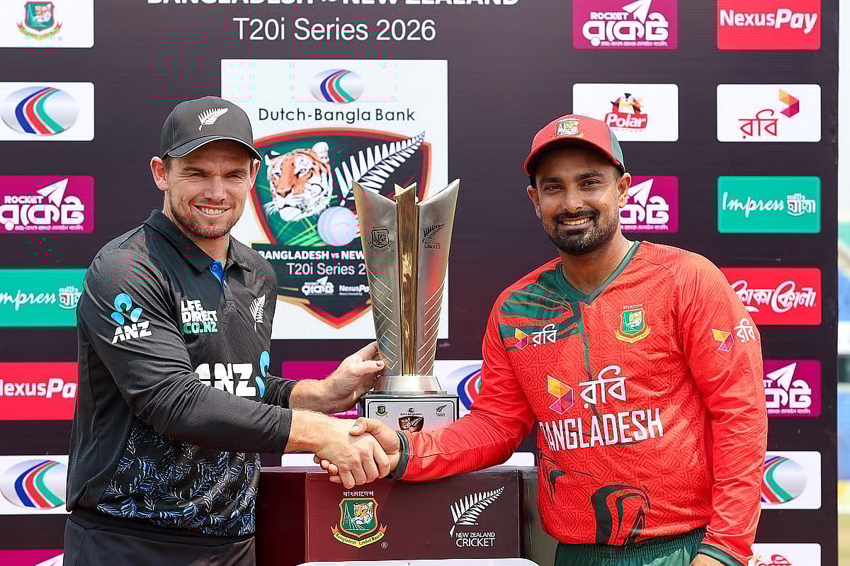 Bangladesh skipper Litton Das with his New Zealand counterpart unveil the Bangladesh-New Zealand T20I trophy at the Bir Sreshtho Flight Lieutenant Matiur Rahman Stadium in Chattogram on 26 APril 2026