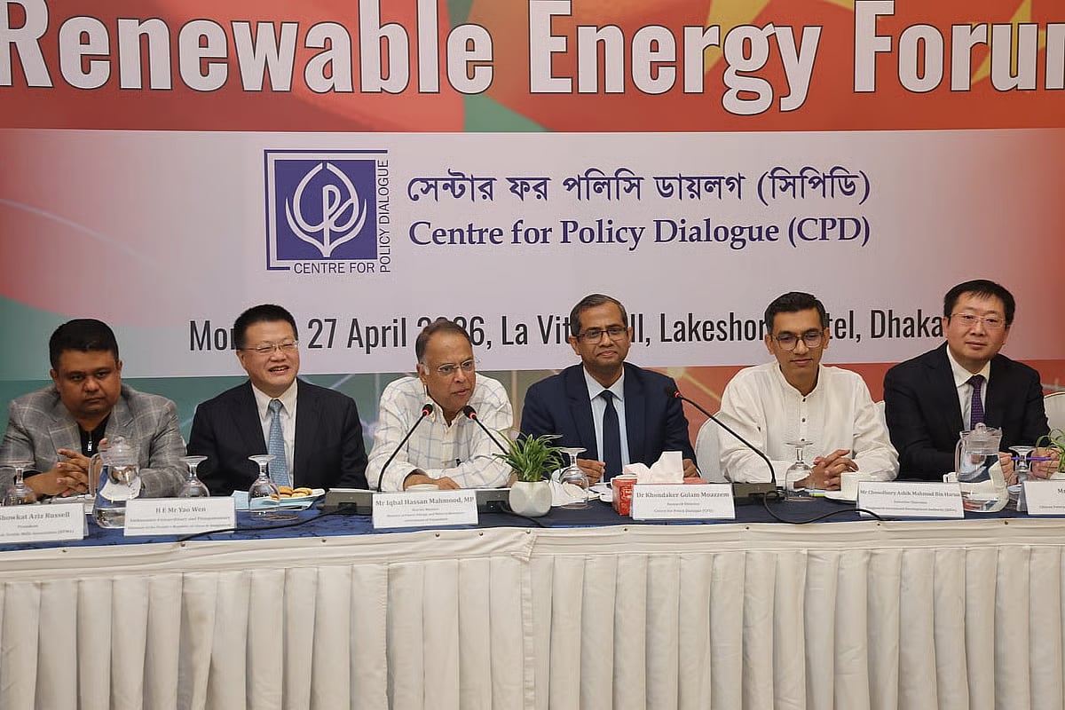 Power, Energy and Mineral Resources Minister Iqbal Hasan Mahmud addresses a seminar during the Fourth Bangladesh-China Renewable Energy Forum at a hotel in Gulshan on 27 April 2026