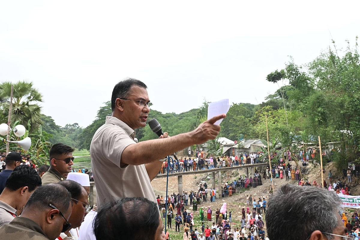 Prime Minister Tarique Rahman speaks at a brief gathering after launching the re-excavation work of the historic Ulashi Canal in Sharsha upazila, Jashore on 27 April 2026