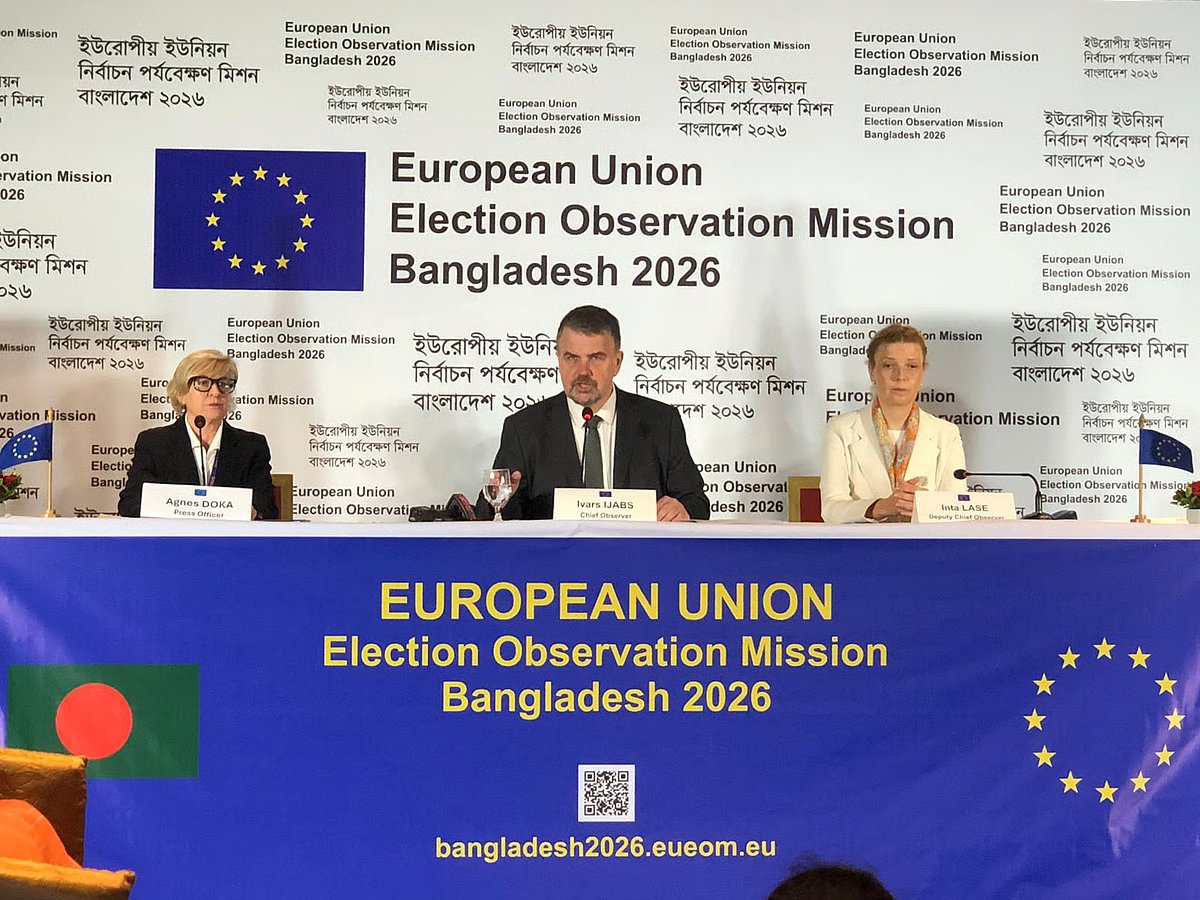 European Union Election Observation Mission (EU EOM) holds a press conference at a hotel in Dhaka on 28 April 2026.