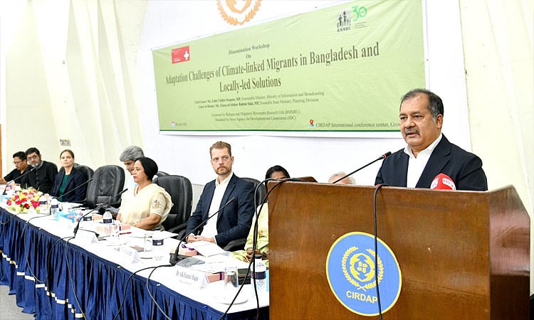 Information Minister Zahir Uddin Swapon delivered a speech at a workshop organised by the Refugee and Migratory Movements Research Unit at the CIRDAP auditorium in the capital today, Tuesday.