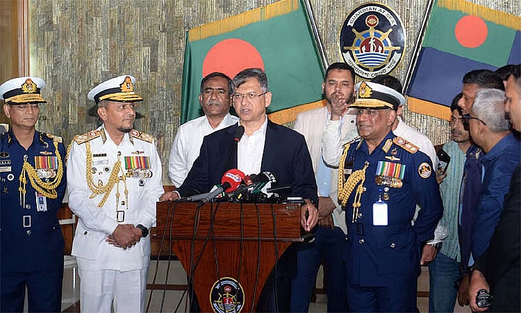 Home Minister Salahuddin Ahmed speaks at an event marking the Coast Guard’s founding anniversary in Agargaon, Dhaka on 28 April 2026