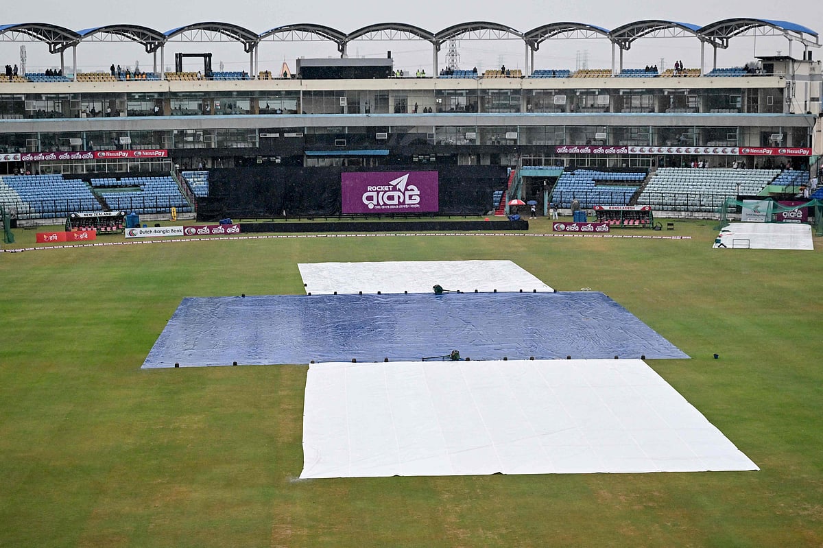 The pitch remains covered as the second T20 cricket match between Bangladesh and New Zealand is washed out owing to rain at the Bir Sreshtho Flight Lieutenant Matiur Rahman Stadium in Chattogram on April 29, 2026
