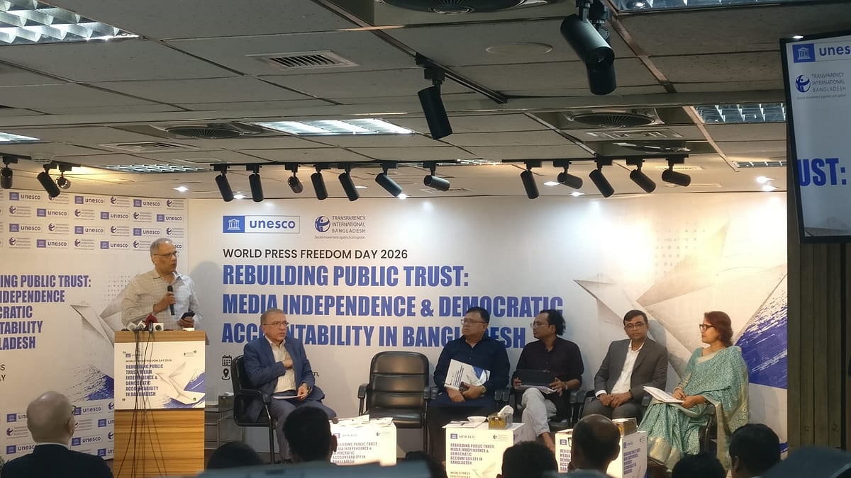 Kamal Ahmed, Consulting Editor of The Daily Star, speaks at a discussion, Rebuilding Public Trust: Media Independence and Democratic Accountability in Bangladesh, at the TIB office at Dhanmondi, Dhaka on 3 May 2026
