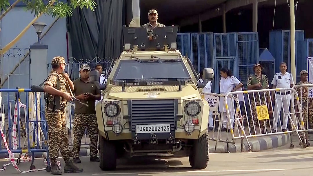 Security personnel deployed outside the strongroom at Netaji Indoor Stadium ahead of vote counting for the West Bengal Legislative Assembly Elections 2026, in Kolkata on 3 May 2026.
