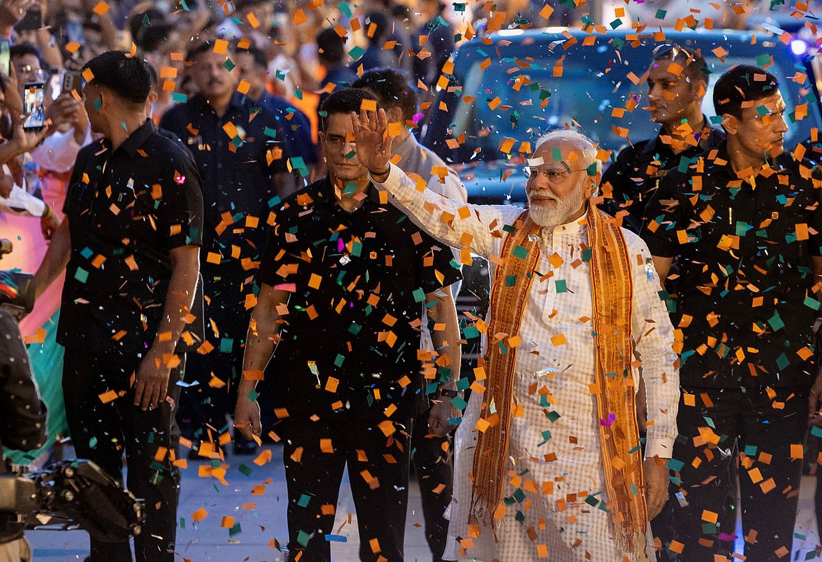 India's Prime Minister Narendra Modi arrives at the Bharatiya Janata Party (BJP) headquarters as BJP celebrates its win in the West Bengal and Assam states' assembly elections, in New Delhi, India, on 4 May 2026