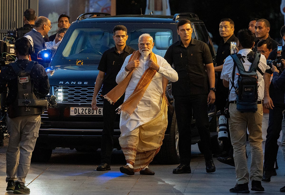 India's Prime Minister Narendra Modi arrives at the Bharatiya Janata Party (BJP) headquarters as BJP celebrates its win in the West Bengal and Assam states' assembly elections, in New Delhi, India, on 4 May 2026