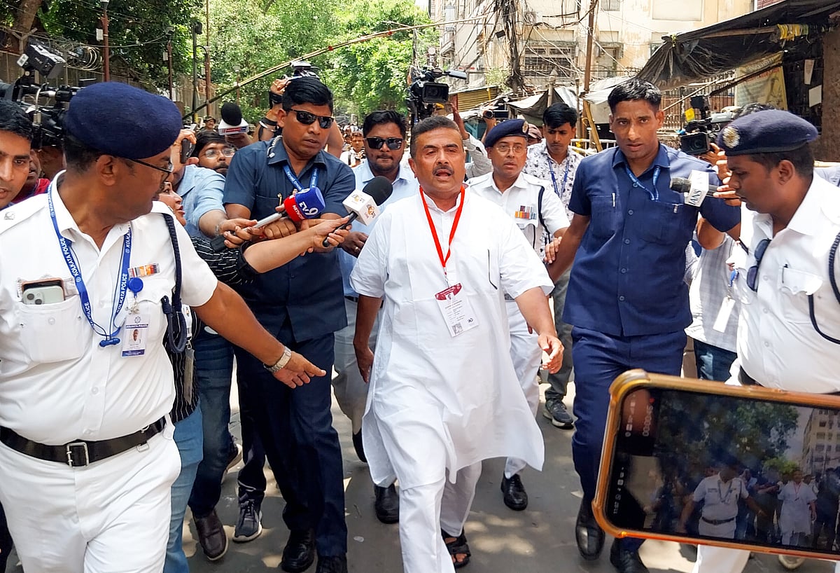BJP Bhabanipur candidate Suvendu Adhikari arrives at the counting centre at Sakhawat Memorial Government Girls School during counting of West Bengal Assembly elections, in Kolkata on 4 May 2026.