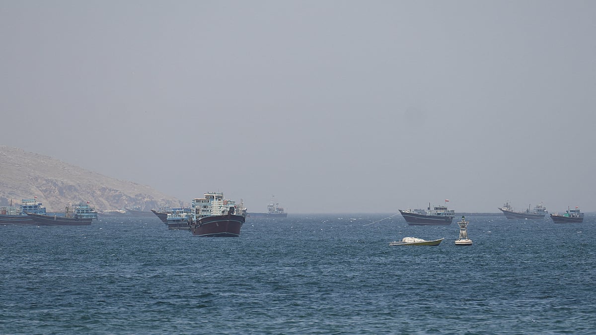 Ships and boats in the Strait of Hormuz, Musandam, Oman, on 4 May 2026