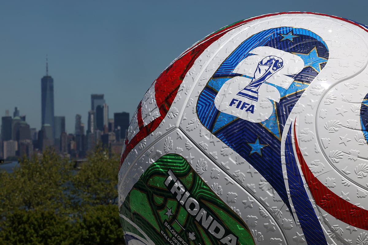 A blow up soccer ball of the FIFA World Cup 2026 stands during a press conference announcing fan zone for the area in New York City