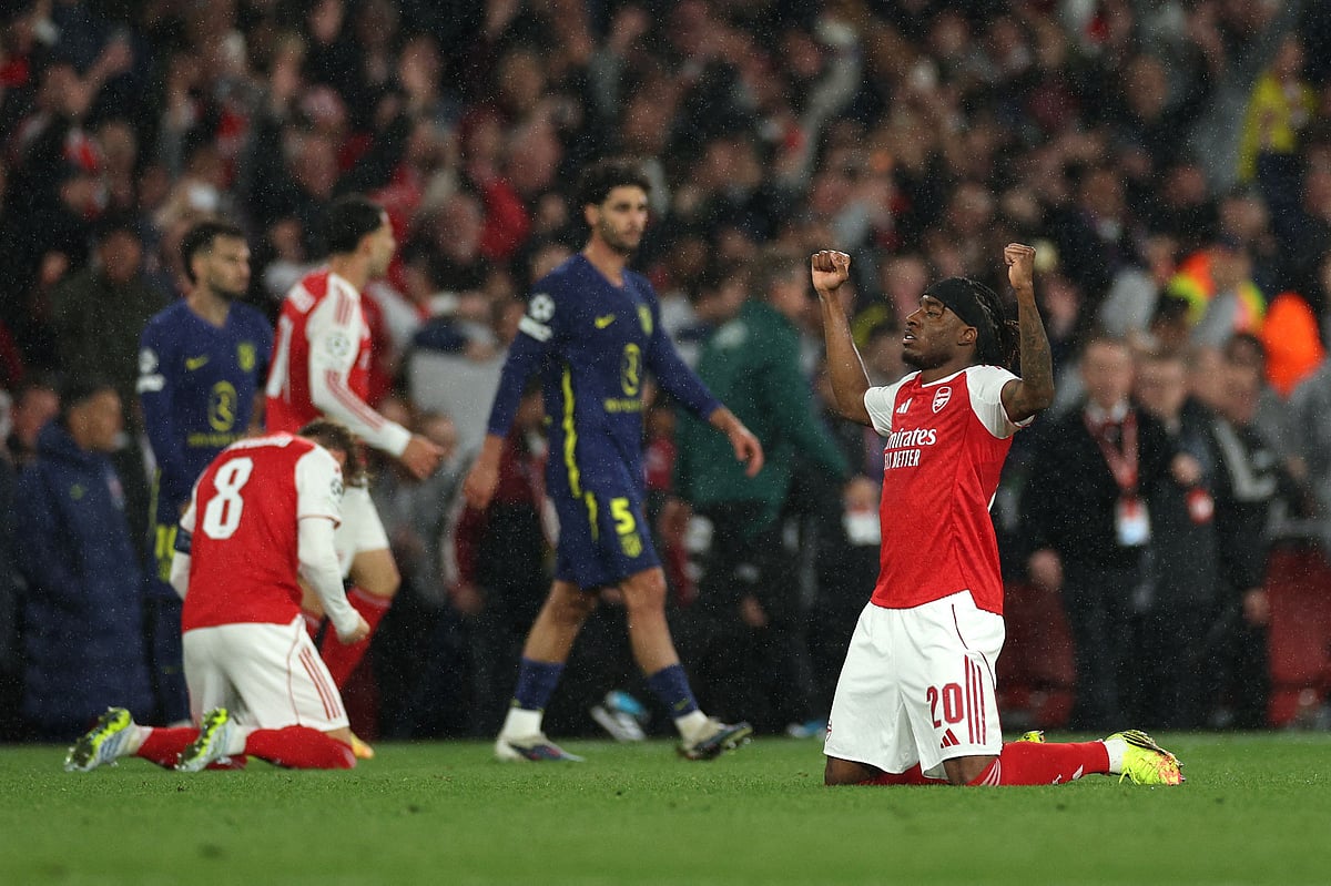 Arsenal’s English midfielder #20 Noni Madueke celebrates winning the UEFA Champions League second-leg semi-final football match between Arsenal and Atletico Madrid at the Emirates Stadium in north London on 5 May 2026