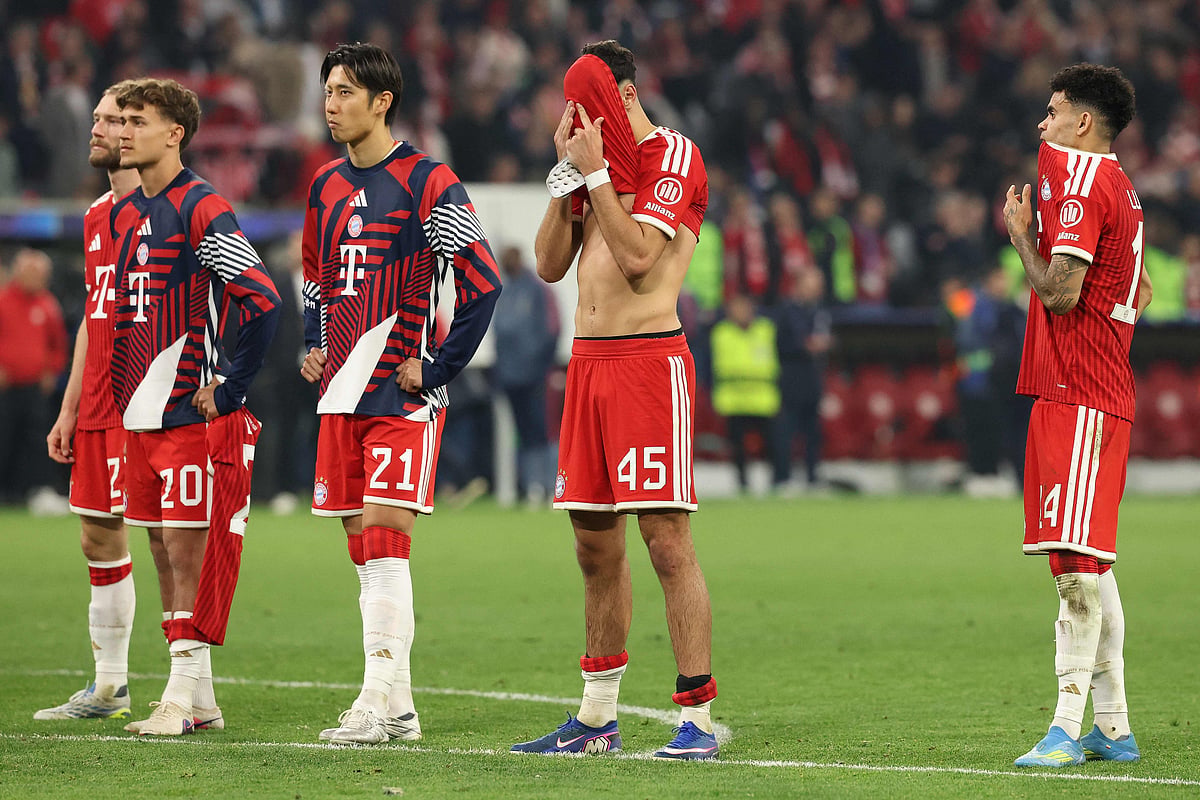 (From L) Bayern Munich's Austrian midfielder, Konrad Laimer, Bayern Munich's German midfielder, Tom Bischof, Bayern Munich's Japanese defender, Hiroki Ito and Bayern Munich's Colombian forward Luis Diaz react the UEFA Champions League second-leg, semi-final football match between FC Bayern Munich and Paris Saint-Germain (PSG) in Munich, southern Germany on 6 May, 2026.