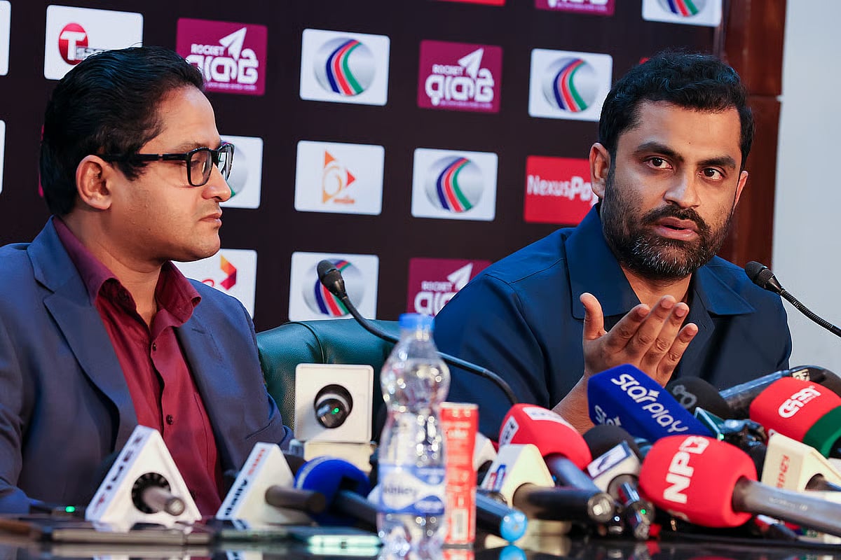 BCB ad hoc committee president Tamim Iqbal speaks during a press conference on 7 May