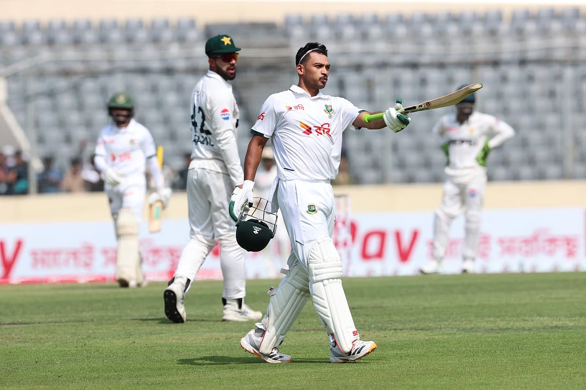 Bangladesh’s Najmul Hossain Shanto celebrates after scoring a century on the opening day of the first cricket Test against Pakistan at Sher-e-Bangla National Cricket Stadium, Mirpur, Dhaka on 8 May 2026.