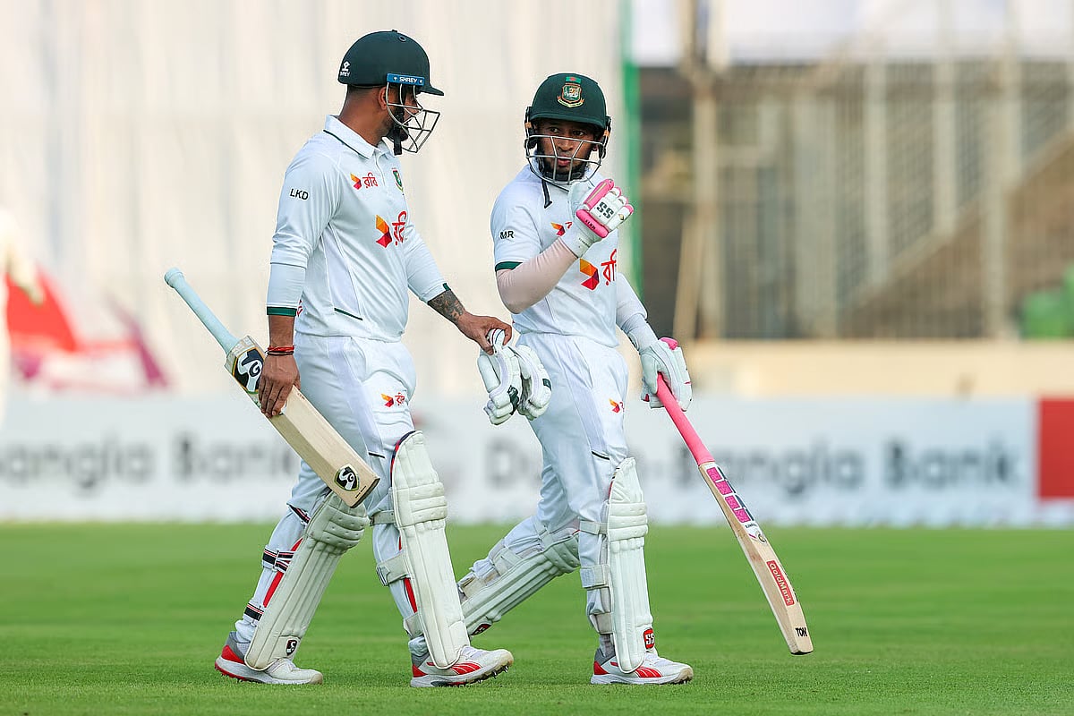 Mushfiqur Rahim and Litton Das remain unbeaten at the end of the first day's play in the first Test match between Bangladesh and Pakistan at Sher-e-Bangla National Cricket Stadium at Mirpur, Dhaka on 8 May 2026