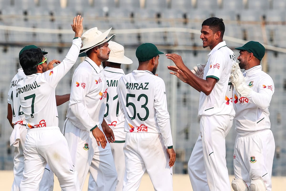 Bangladesh players celebrate a wicket during in the second innings of their Test against Pakistan at the Sher-e-Bangla National Cricket Stadium in Mirpur, on 12 May 2026.