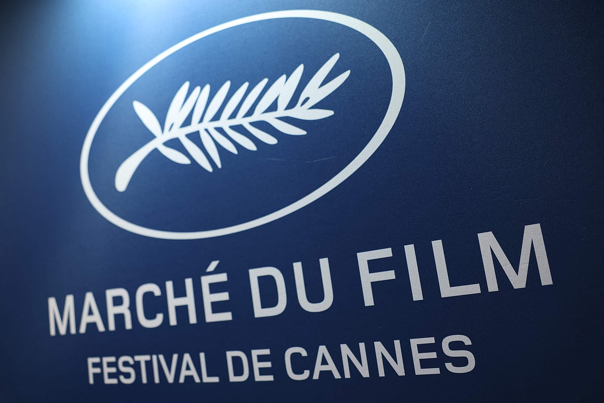 This photograph taken on 12 May, 2026 shows a logo of the Marche du Film (film market) in the Palais du Festival before the start of the 79th edition of the Cannes Film Festival in Cannes, southern France.