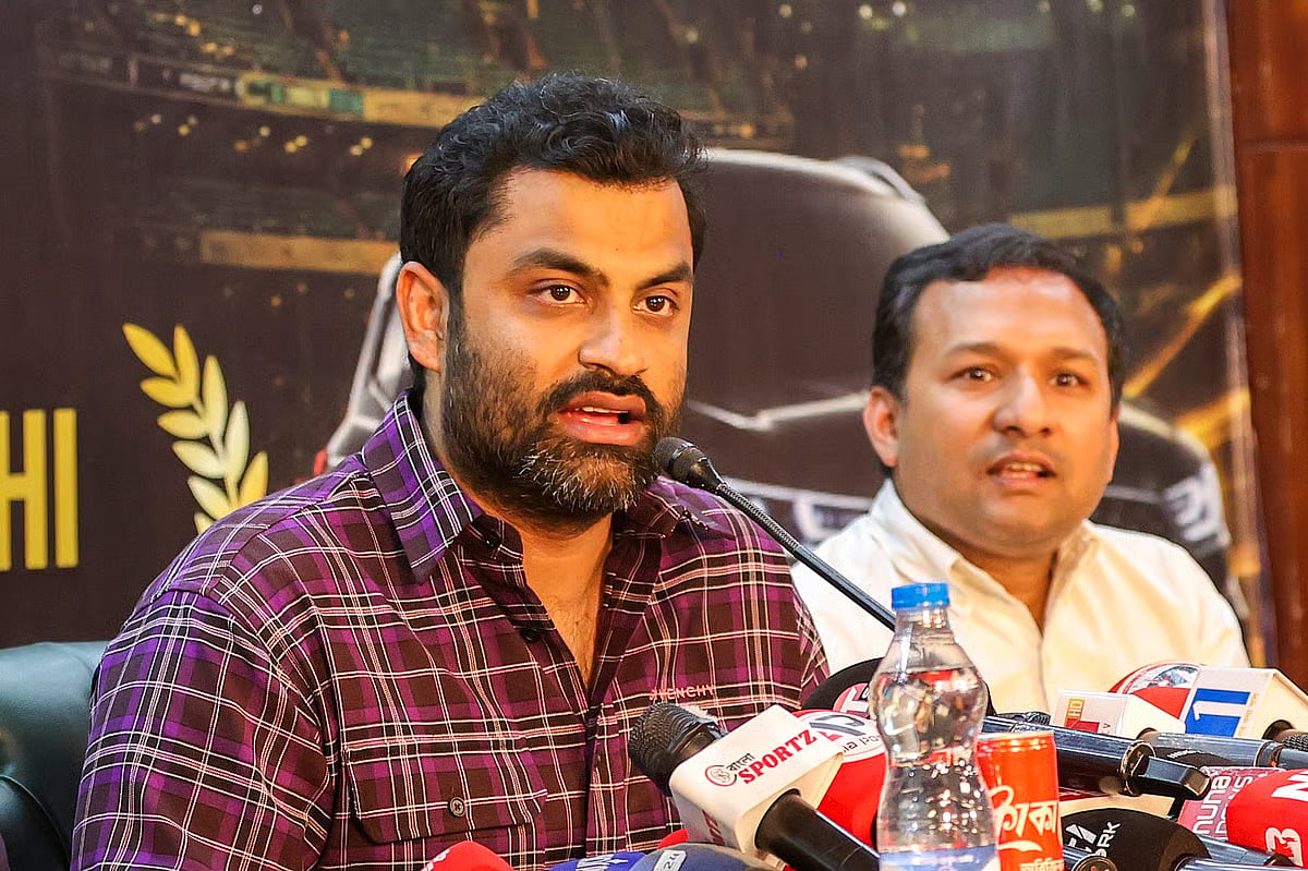 BCB Ad-hoc Committee President Tamim Iqbal addresses a media conference after signing the deal at Sher-e-Bangla National Cricket Stadium, Mirpur, Dhaka on 12 May 2026