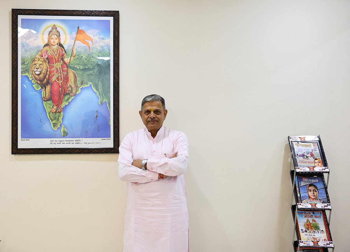 Dattatreya Hosabale, general secretary of the Rashtriya Swayamsevak Sangh (RSS), poses for a photograph during a briefing for foreign media at the RSS office in New Delhi, India, May 12, 2026.